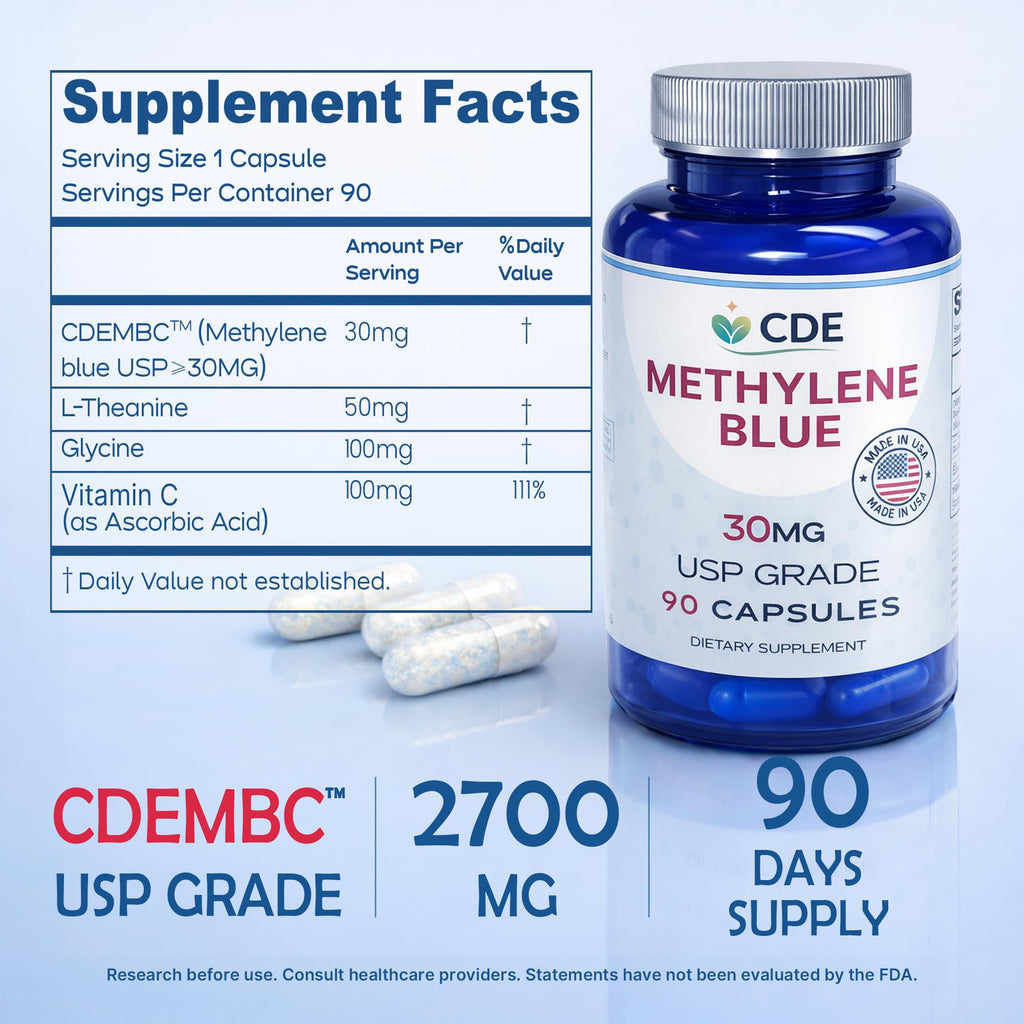 CDE Methylene Blue Capsules 30mg - Made in USA, 90 Days Supply - Pharmaceutical CDEMBC USP Grade, Third Party Lab Tested, Formaldehyde-Free, Non-GMO - Cellular & Cognitive Support