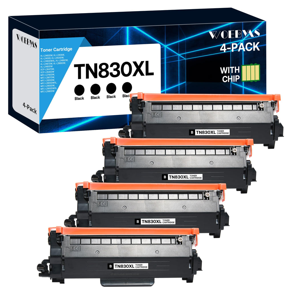 TN830XL Toner Cartridge Compatible Replacement for Brother TN830XL TN830 XL/V/R TN 830 for Brother DCP-L2640DW HL-L2460DW HL-L2480DW HL-L2400D HL-L2405W MFC-L2820DW Printers (4 Black)