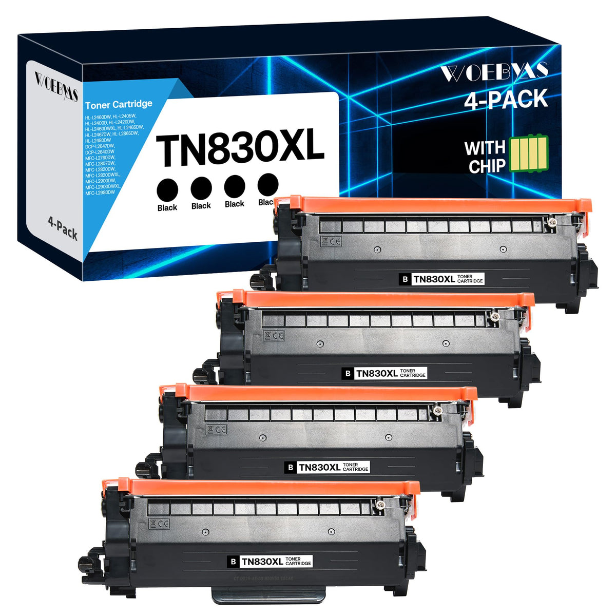 TN830XL Toner Cartridge Compatible Replacement for Brother TN830XL TN830 XL/V/R TN 830 for Brother DCP-L2640DW HL-L2460DW HL-L2480DW HL-L2400D HL-L2405W MFC-L2820DW Printers (4 Black)