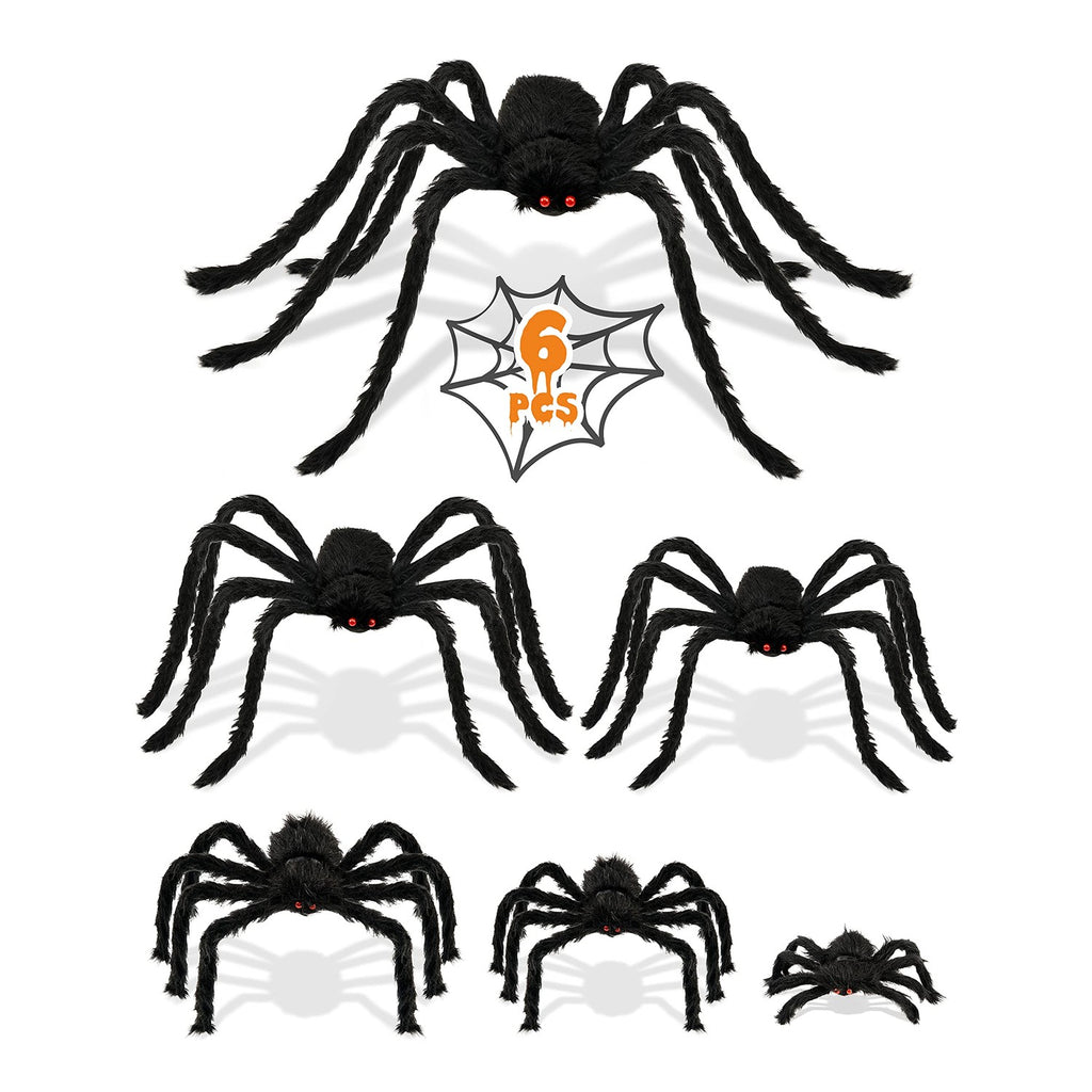 HOPOCO Halloween Plush Spider Set, 6 Pack Scary Fake Spiders in Different Sizes for Indoor Outdoor Halloween Decorations, Haunted House, Yard, Home, Party Decor
