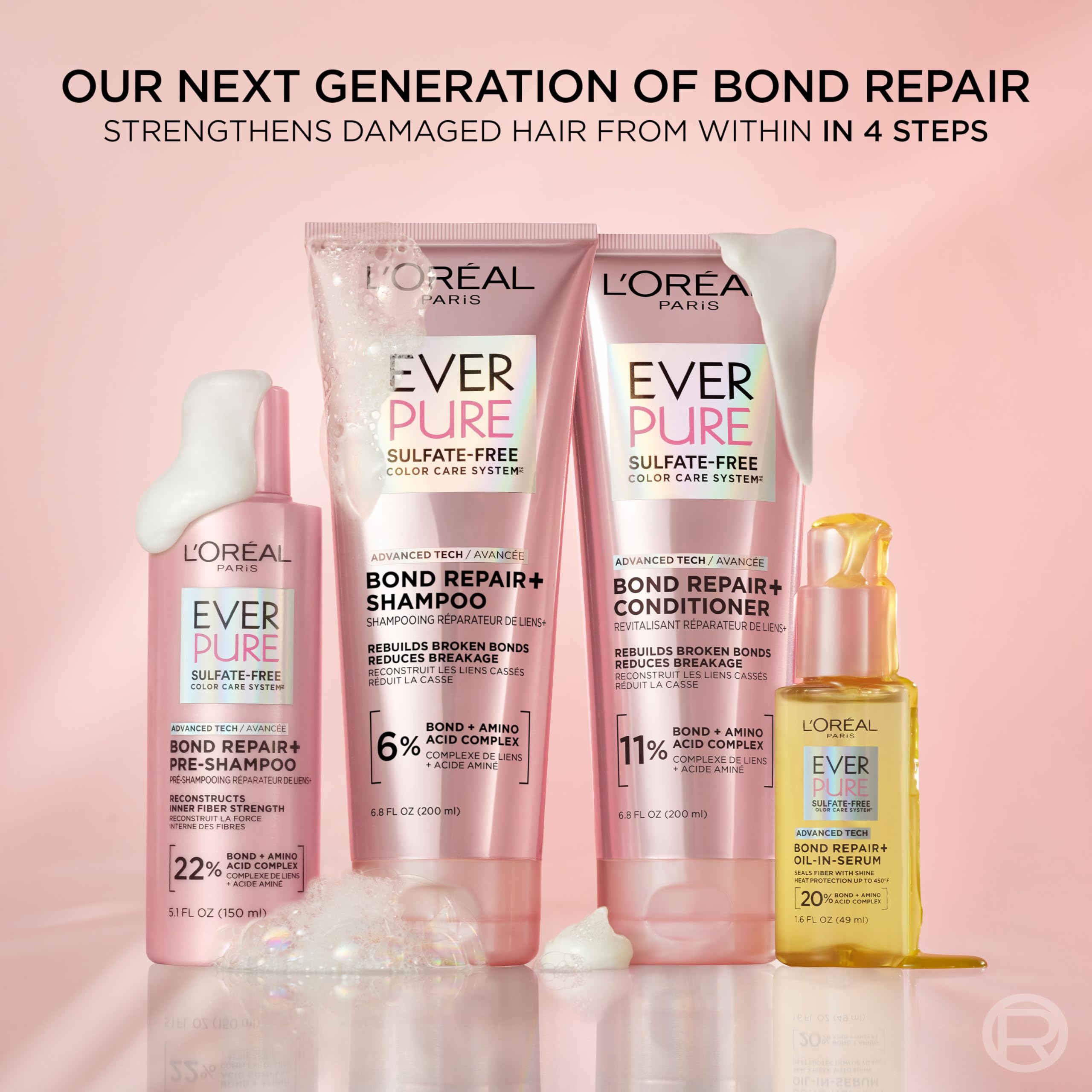L'Oreal Paris Sulfate Free Bond Repair+ Shampoo and Conditioner Set with Bond + Amino Acid Complex, Strengthens and Repairs Damaged or Color Treated Hair, EverPure, 13.6 Fl Oz Set (Packaging May Vary)