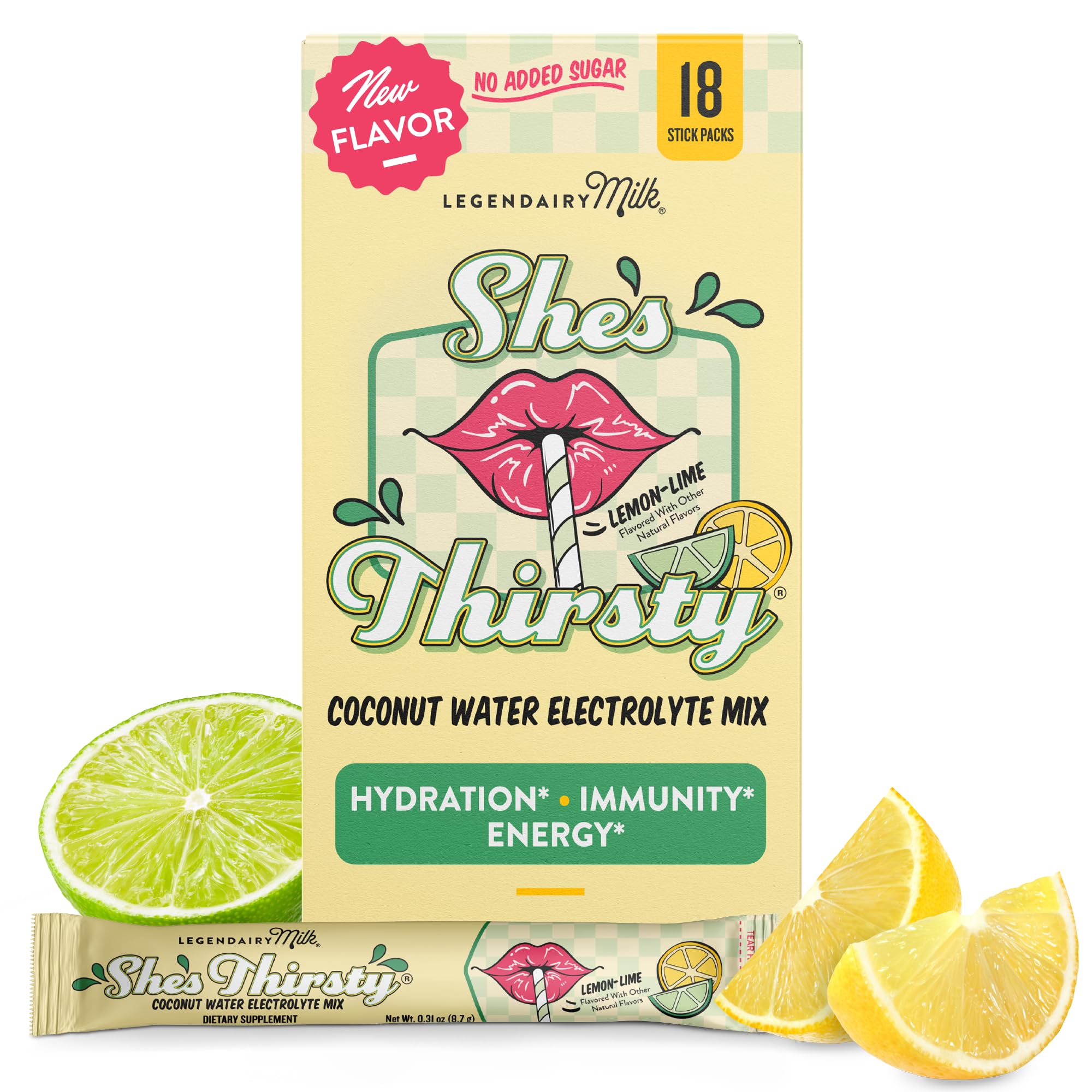 Legendairy Milk She's Thirsty Lemon Lime, No Sugar Added Electrolytes Powder Packets Coconut Water Mix for Women, Instant Hydration Packets, Immune Support, Pregnancy Safe, 18 Ct