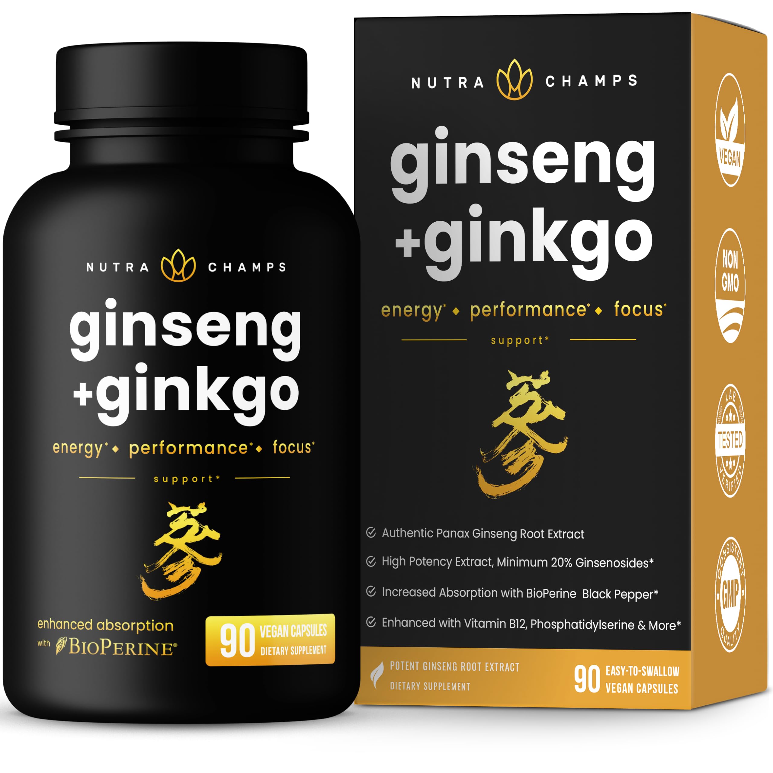 NutraChamps Korean Red Panax Ginseng Capsules with Ginkgo Biloba Extra Strength 20% Ginsenosides for Energy, Focus, Vitality & Immune Support Ginseng Root Extract Supplement for Men (90, Premium Gold)