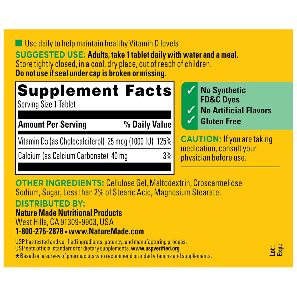 Nature Made Vitamin D3 1000 IU (25 mcg), 300 Vitamin D Tablets | Vitamin D Supplement for Immune, Bone, Teeth and Muscle Health Support, 300 Day Supply