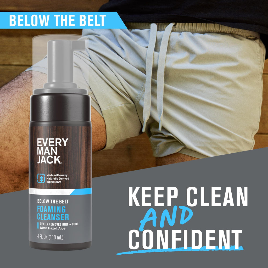 Every Man Jack Mens Foaming Groin Wash - Gentle Cleanser for Below The Belt - Made w/ Naturally Derived Ingredients like Witch Hazel & Aloe Vera - 4 Fl Oz (1 Pack)