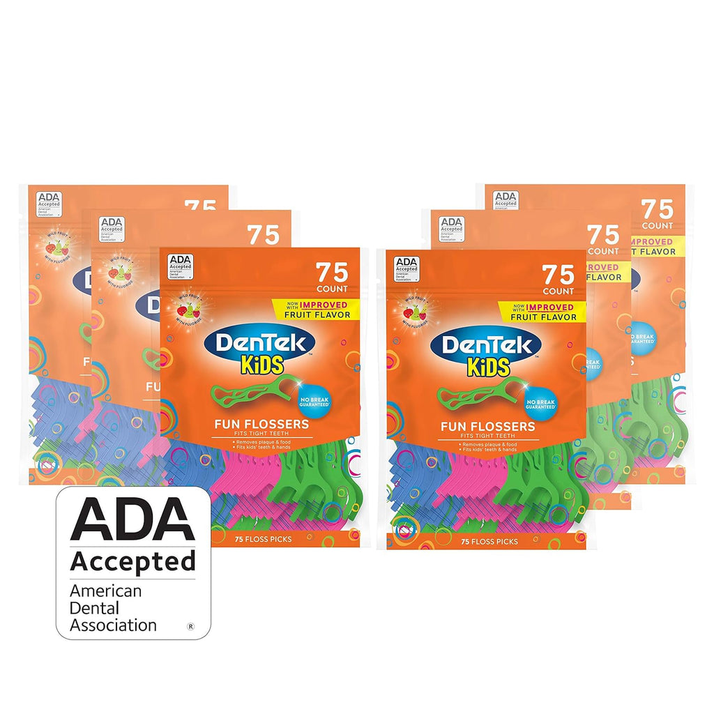 Buy now DenTek Kids Fun Flossers, Removes Food & Plaque, Wild Fruit Flavored Floss Picks, 75 Count, 6 Pack 75 Count (Pack of 6) at indiglob india