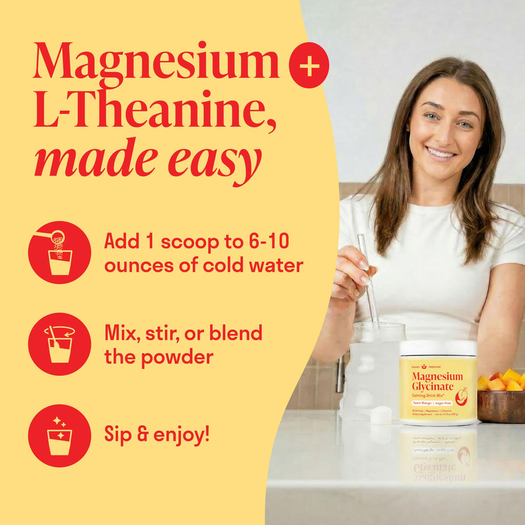 Magnesium Glycinate Powder + L Theanine, 60 Servings, 300mg, Peach Mango | Support Restful Sleep & Relaxation, Sugar-Free High Absorption Magnesium Powder, Calming Drink Mix, Chelated Magnesium Powder