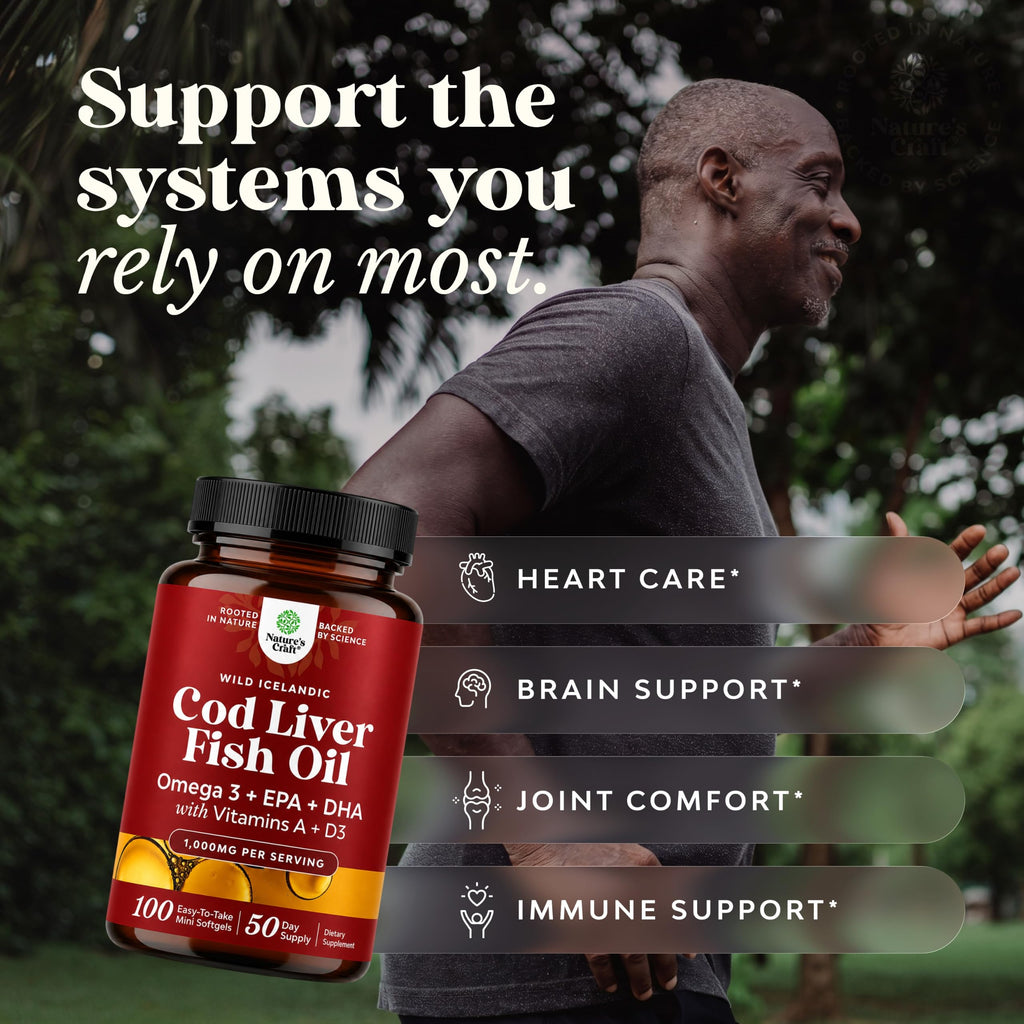 Icelandic Cod Liver Oil Softgels - Omega 3 Fish Oil with Vitamin A - 100 Ct | Wild Caught - Paired with EPA , DHA & D3 - Healthy Heart, Brain & Immune Support - 1000 mg Per Serving - 50 Burpless Servings