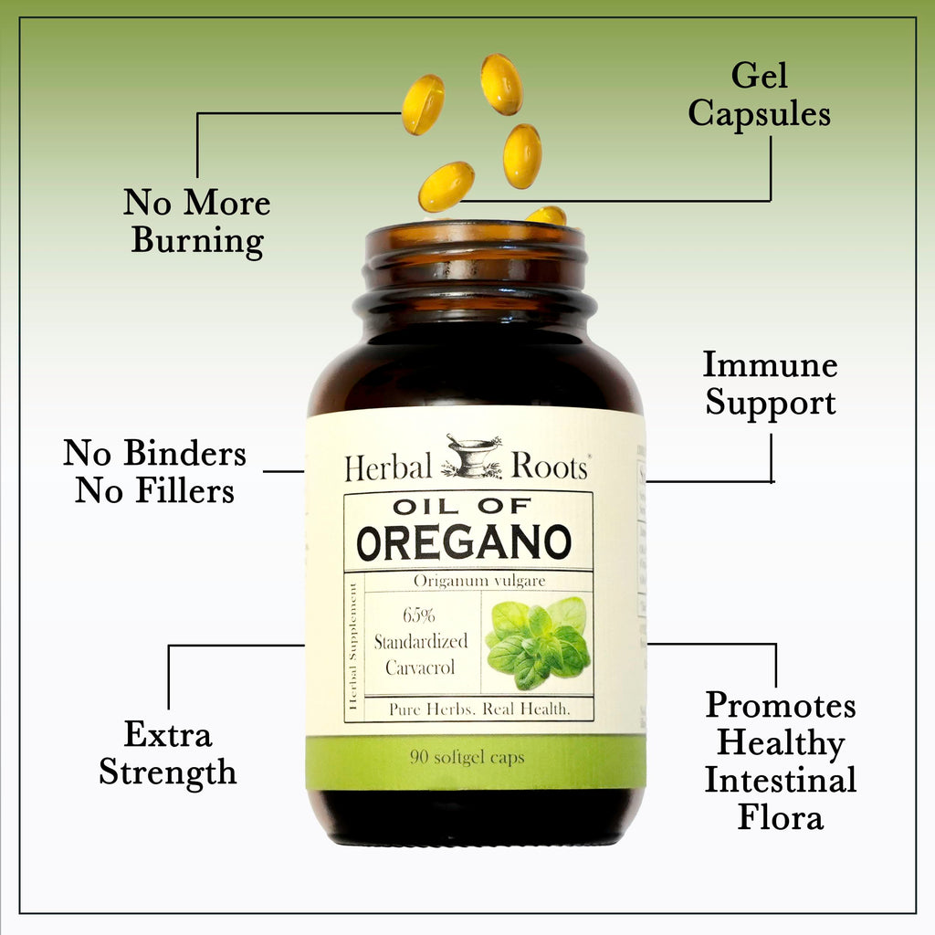 Herbal Roots Oil of Oregano Softgels - 65% Carvacrol - Extra Strength Immune and Gut Health Support - 90 Easy to Swallow Capsules