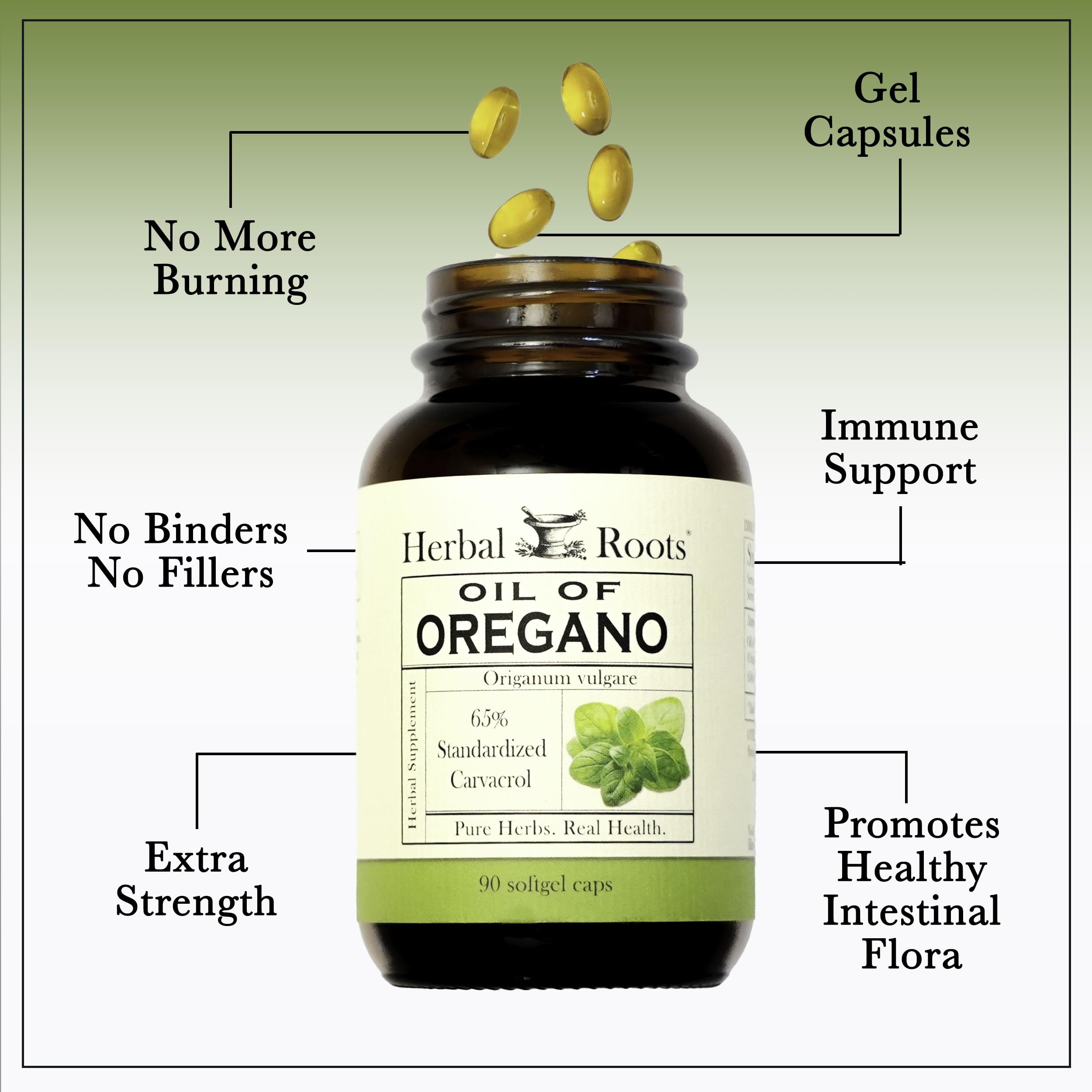 Herbal Roots Oil of Oregano Softgels - 65% Carvacrol - Extra Strength Immune and Gut Health Support - 90 Easy to Swallow Capsules