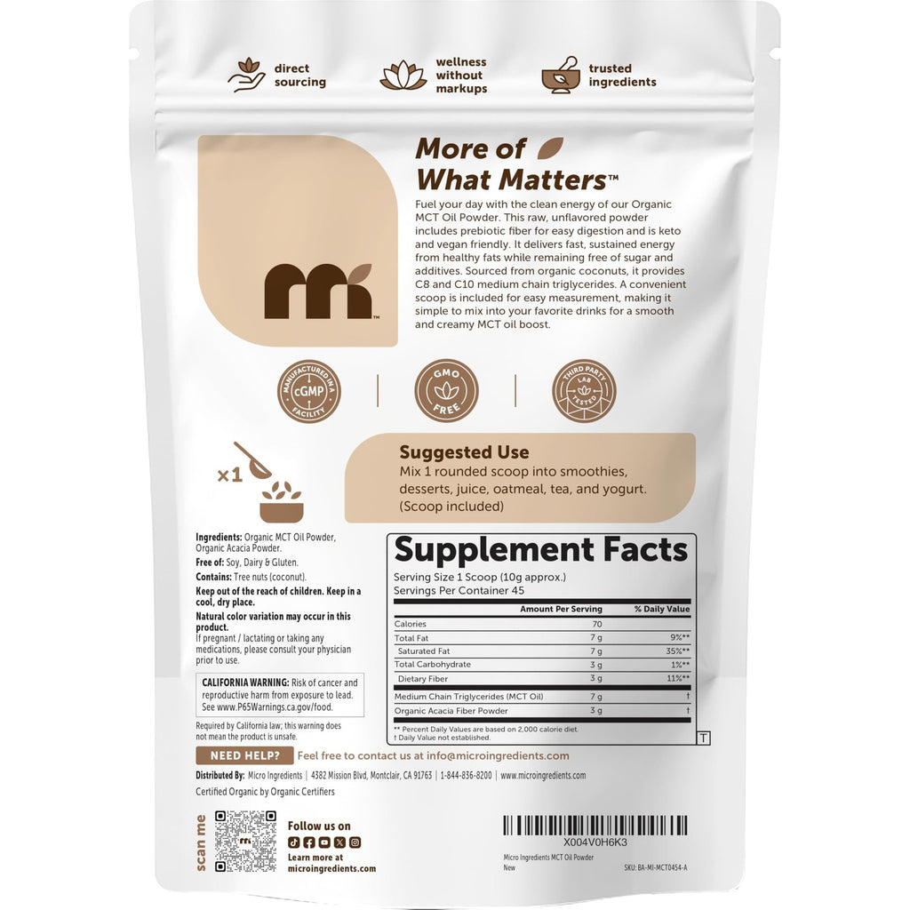 Micro Ingredients Organic MCT Oil Powder with Prebiotic Fiber, 1 lb (16 oz) | C8 & C10 MCT Oil for Coffee Creamer. 45 Servings. Unflavored. Keto & Vegan Friendly, Non-GMO, Gluten Free.