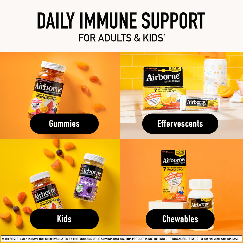 Airborne Immune Support Effervescent Tablets, Zesty Orange Flavor - 30ct with 1000mg Vitamin C + Vitamins A, D, E, Zinc, Selenium, Manganese & Herbal Blend - Sugar‑Free, Gluten‑Free