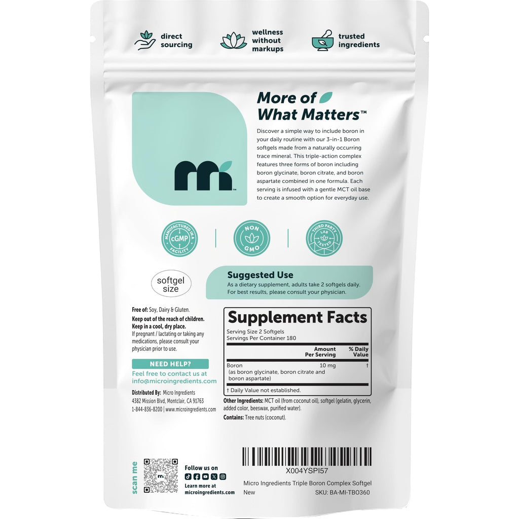Micro Ingredients Triple Boron Complex 10mg Per Serving, 360 Softgels with MCT Oil | Boron Supplement for Men & Women | Boron Glycinate, Citrate & Aspartate Triple Action Formula | Non-GMO Gluten Free
