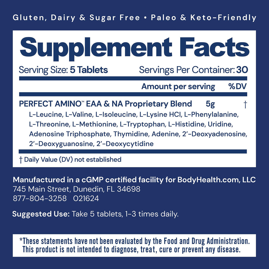 BodyHealth PerfectAmino Tablets (150 ct), Essential Amino Acid with BCAAs + Lysine, Phenylalanine, Threonine, Methionine, Tryptophan, Supplement for Muscle Mass Production, Recovery & Strength