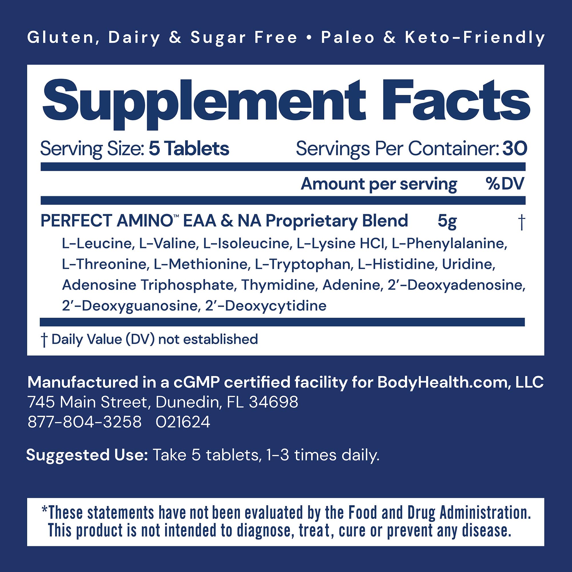 BodyHealth PerfectAmino Tablets (150 ct), Essential Amino Acid with BCAAs + Lysine, Phenylalanine, Threonine, Methionine, Tryptophan, Supplement for Muscle Mass Production, Recovery & Strength