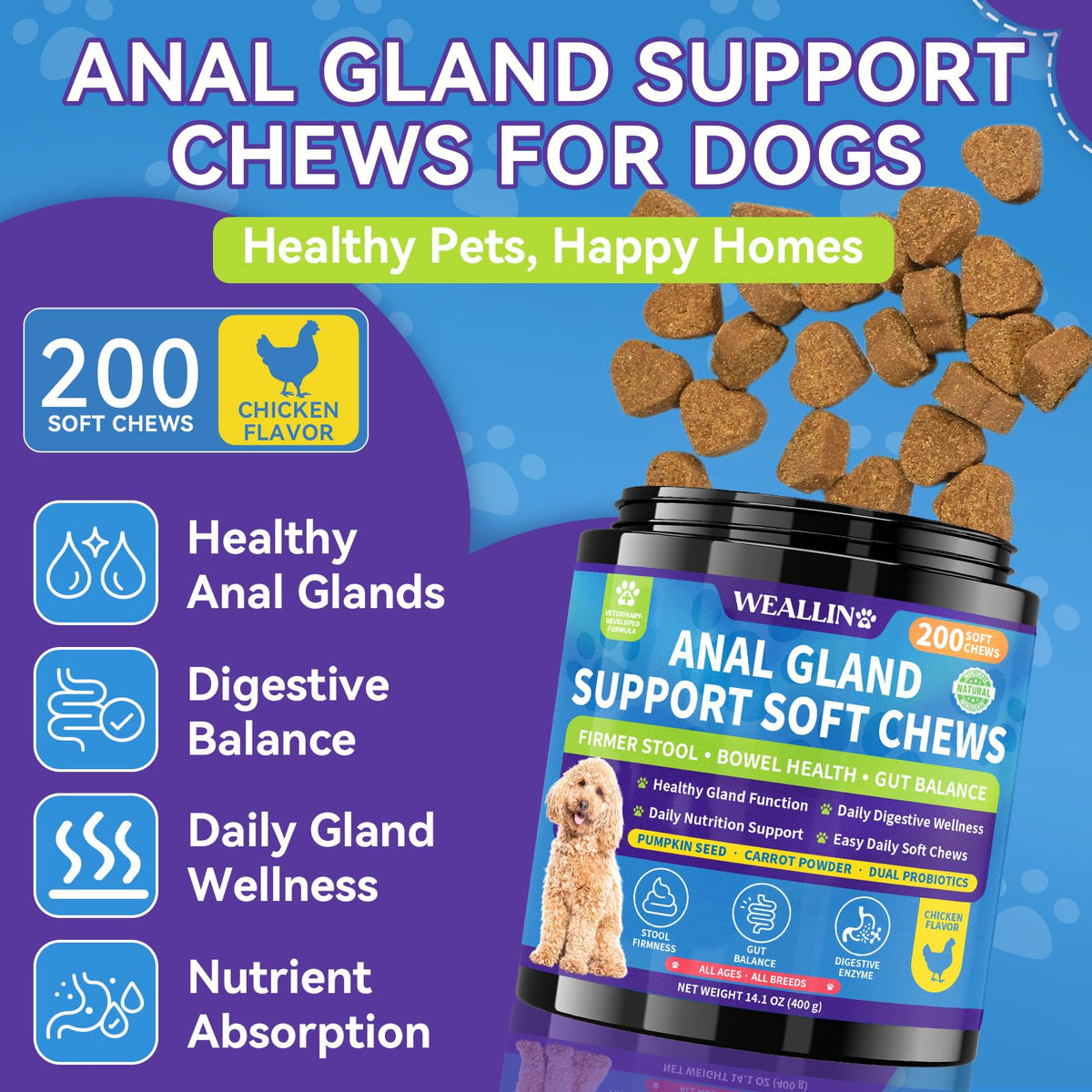 Anal Gland Chews for Dogs, No Scoot for Dogs, Pumpkin Fiber, 200 Soft Chews