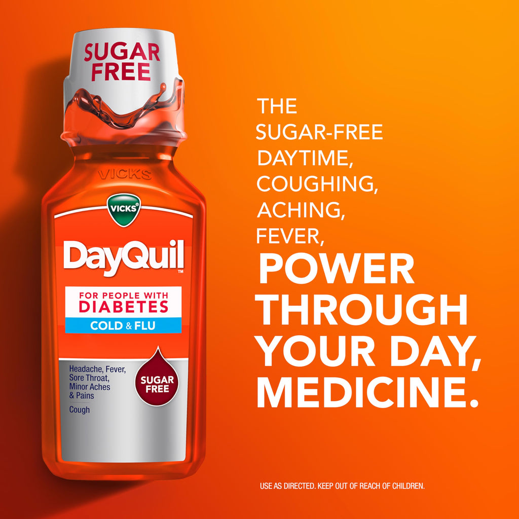 Buy now VICKS DayQuil & NyQuil Diabetes Cold & Flu Relief Medicine Co-Pack, Powerful Multi-Symptom Daytime & Nighttime Relief for Cold, Cough, and Flu Symptoms, Sugar & Alcohol Free, 2 x 12 FL OZ Bottles at indiglob india