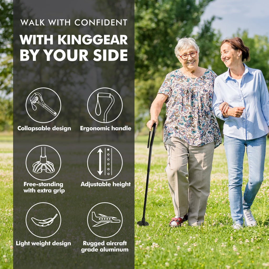 Buy now KINGGEAR F1 Walking Stick, Walking Cane for Women & Men, Self Standing Walkers for Seniors with Wrist Strap, Lightweight & Sturdy Offset EVA Handle and Large Quad Base at indiglob india