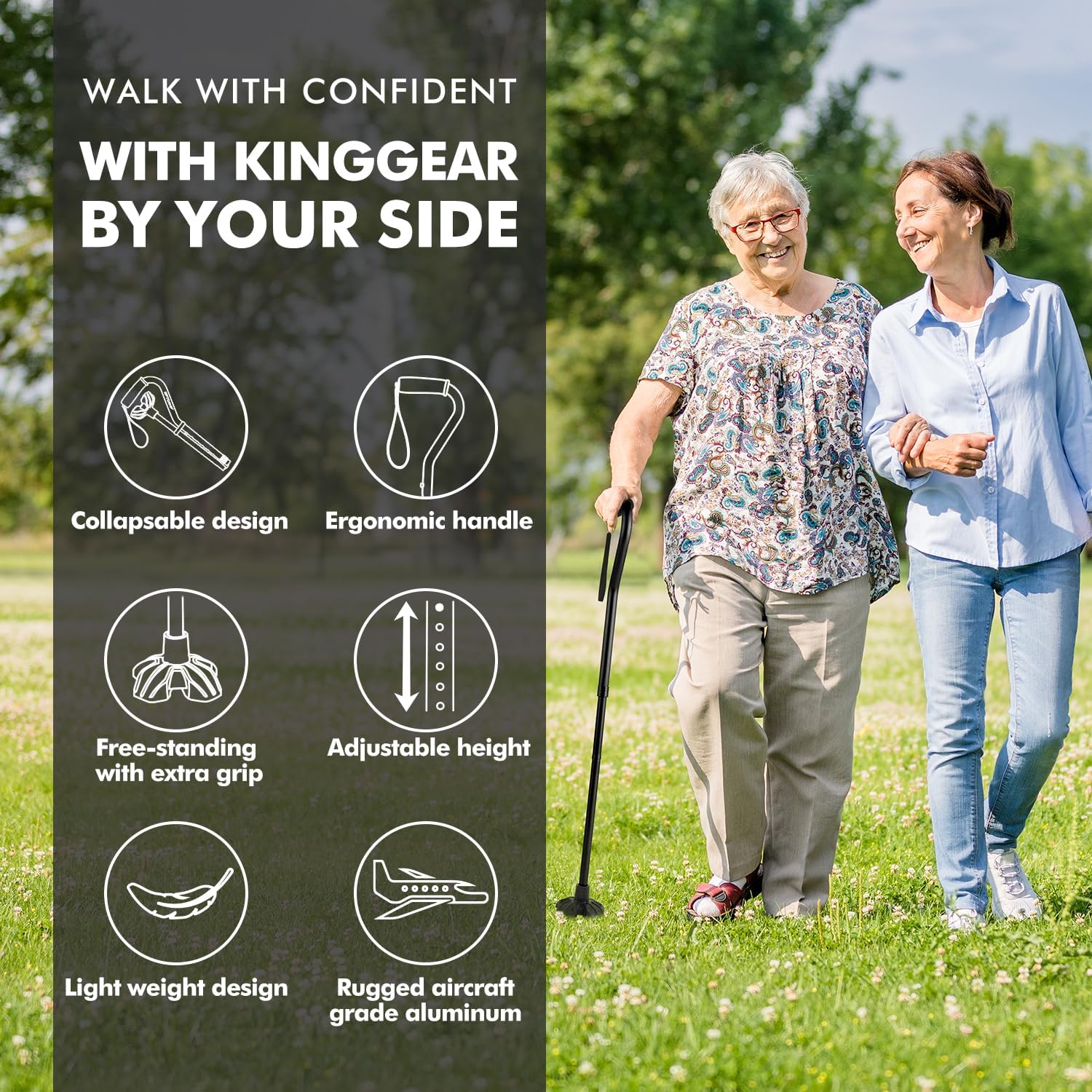 Buy now KINGGEAR F1 Walking Stick, Walking Cane for Women & Men, Self Standing Walkers for Seniors with Wrist Strap, Lightweight & Sturdy Offset EVA Handle and Large Quad Base at indiglob india