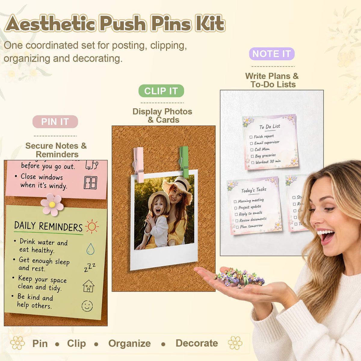 Decorative Flower Push Pins Kit, 48 PCS Cute Thumb Tacks for Bulletin Board