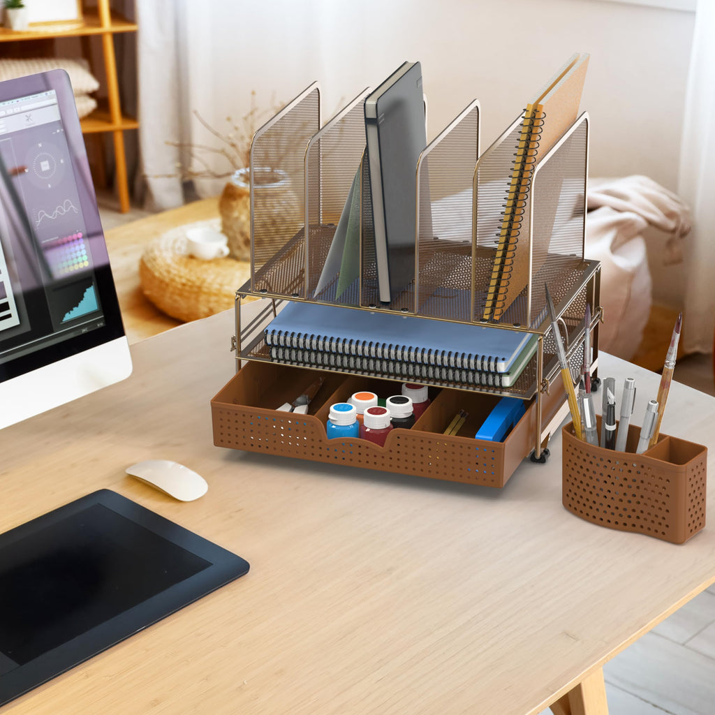 Buy now Simple Houseware Mesh Desk Organizer with Sliding Drawer, Double Tray and 5 Upright Sections, Copper at indiglob india