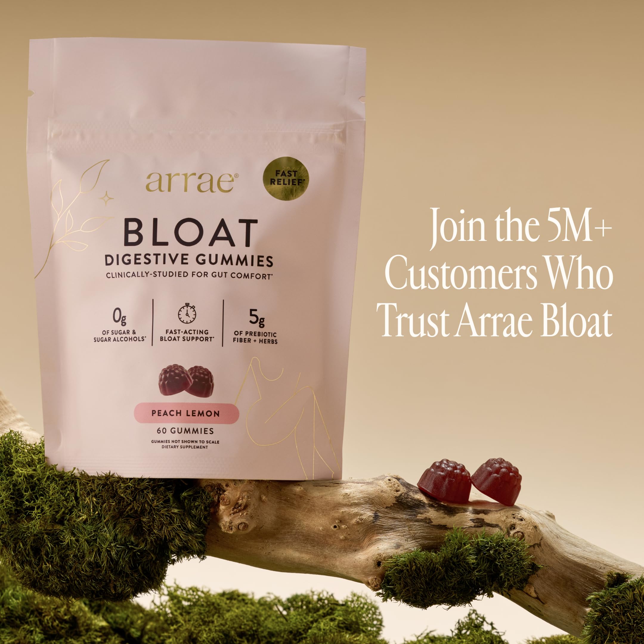 Arrae Bloat Gummies, Sugar-Free with Fiber, Peach Lemon, 60 Count | Ginger, Lemon Balm & Dandelion, Vegan, Gluten-Free, No Fillers, Resealable Pouch