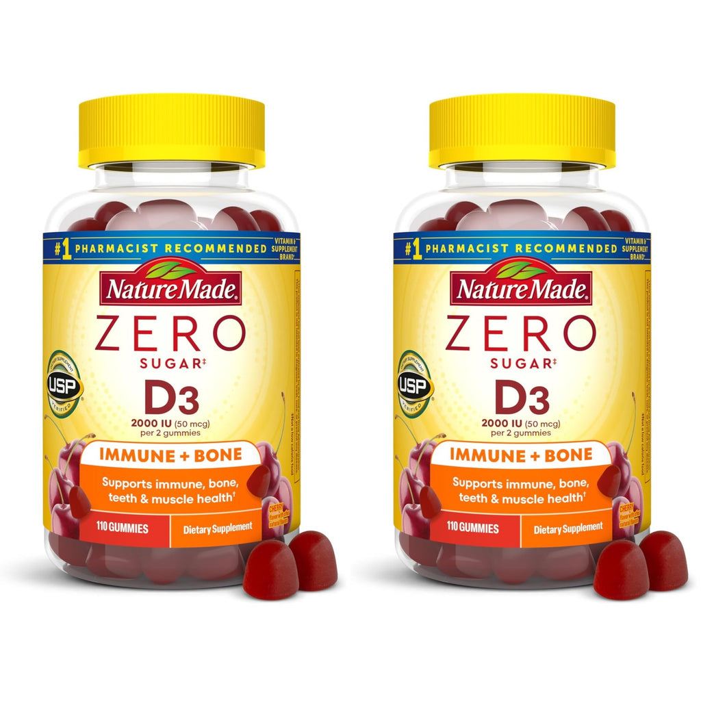 Nature Made Zero Sugar Vitamin D3 Gummies, 110 Vitamin D Gummies | Vitamin D3 2000 IU (50 mcg) per Serving, for Bone and Immune Health Support, Aspartame Free, Cherry Flavor, 55 Day Supply