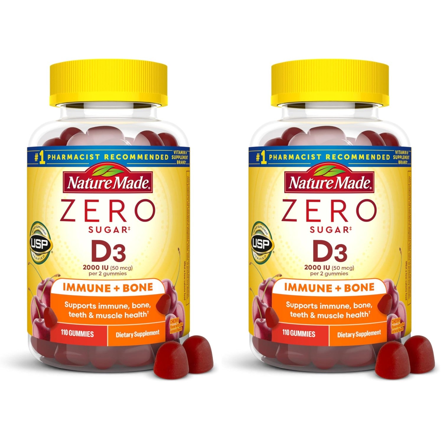 Nature Made Zero Sugar Vitamin D3 Gummies, 110 Vitamin D Gummies | Vitamin D3 2000 IU (50 mcg) per Serving, for Bone and Immune Health Support, Aspartame Free, Cherry Flavor, 55 Day Supply