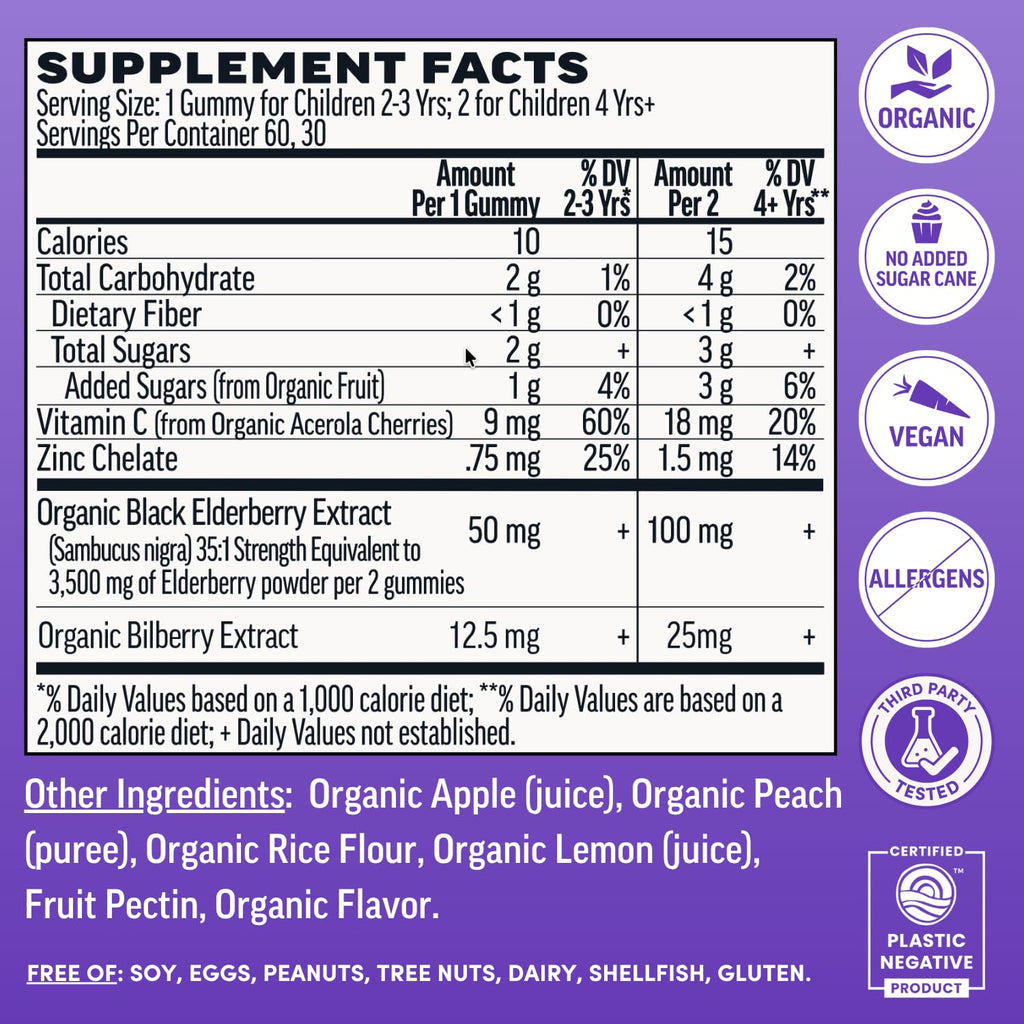 Llama Naturals Elderberry Gummies for Kids, Vegan, Organic Immune Support Supplement with Vitamin C and Zinc, Toddler Real Fruit Gummy Vitamins for Immunity, Chewable, No Added Sugar Cane, 60 Ct
