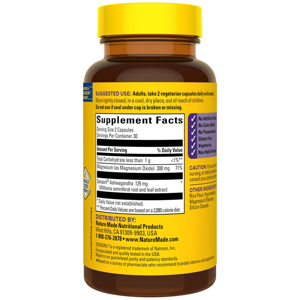 Nature Made Magnesium + Ashwagandha Capsules, 60 Capsules | Stress Relief and Sleep Support, Magnesium 300 mg and Clinically Studied Sensoril Ashwagandha Supplements, 30 Day Supply