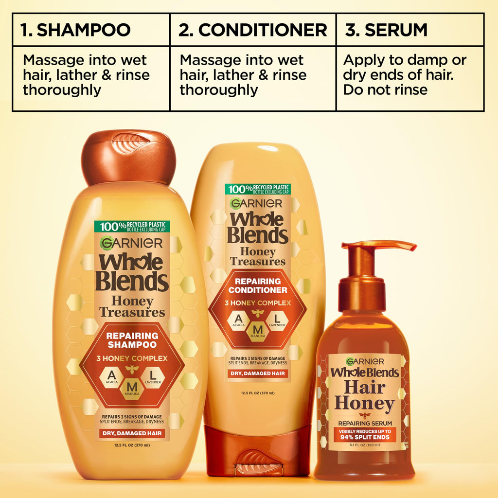Garnier Whole Blends Honey Treasures Hair Honey Repairing Serum for Long, Damaged Hair, 5.1 Fl Oz, 2-Count (Packaging May Vary)