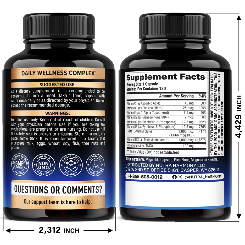 Vitamin B Complex Methylated - B-Complex with Methylfolate & B12 -120 Caps | 9-in-1 Methylated Multivitamin for Men & Women - Energy, Brain & Mood - Vegan, Lab Tested, Bioavailable