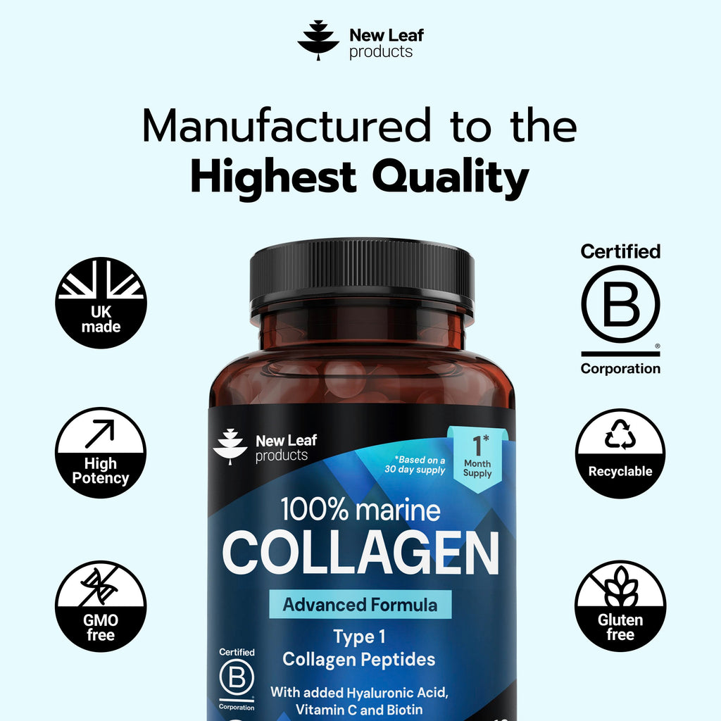 Pure Marine Collagen Supplements for Women & Men - with Hyaluronic Acid, Vitamin C & Biotin - Collagen Peptides Hydrolyzed Collagen for Hair Skin & Nails - 60 Capsules by New Leaf UK Made
