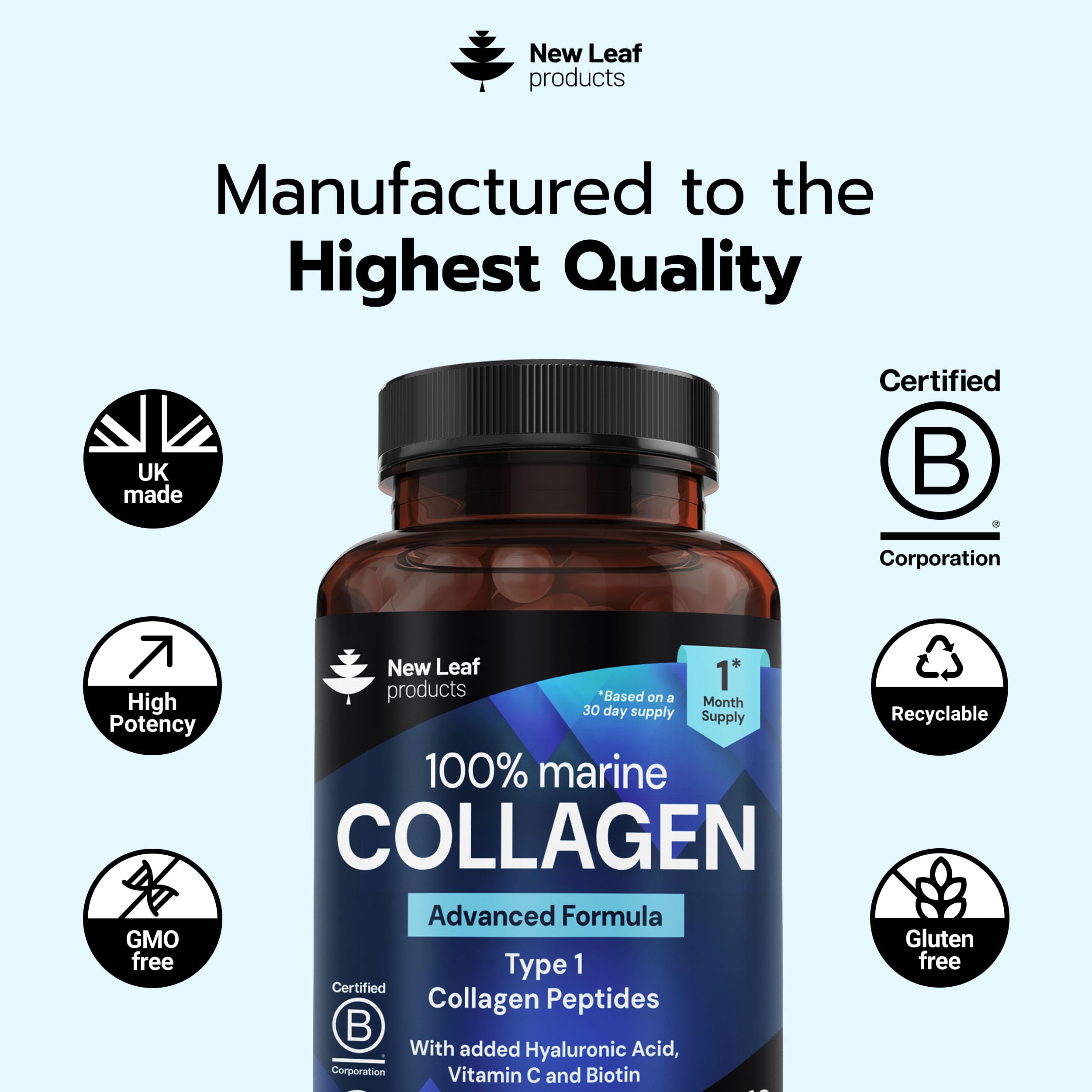 Pure Marine Collagen Supplements for Women & Men - with Hyaluronic Acid, Vitamin C & Biotin - Collagen Peptides Hydrolyzed Collagen for Hair Skin & Nails - 60 Capsules by New Leaf UK Made