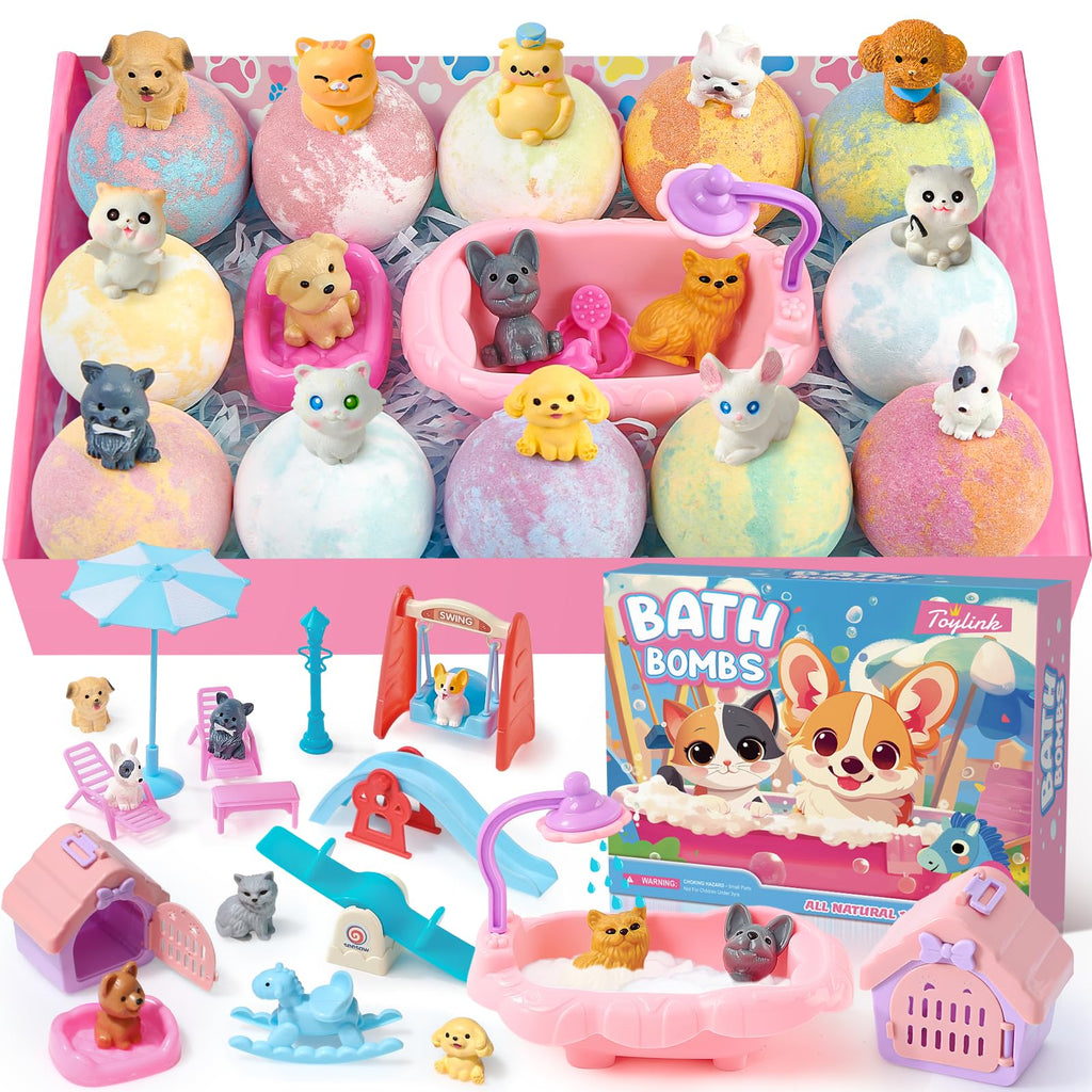 Toylink Bath Bombs for Kids with Surprise Inside for Girls Boys, 12 Pack Kids Bath Bombs with Dog & Cat Toys Pretend Playset Handmade Bubble Bath Fizzies Birthday Christmas Gift Set