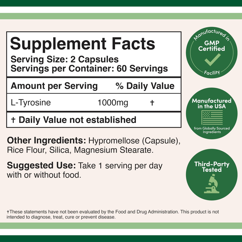 L-Tyrosine 1,000mg, Focus, Attention + Mood Support, 120 Capsules | Focus, Attention + Mood Supplement, Clean Focus Without Caffeine Jitters, Best AM on Empty Stomach, Vegan Caps, Non-GMO