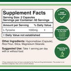 L-Tyrosine 1,000mg, Focus, Attention + Mood Support, 120 Capsules | Focus, Attention + Mood Supplement, Clean Focus Without Caffeine Jitters, Best AM on Empty Stomach, Vegan Caps, Non-GMO