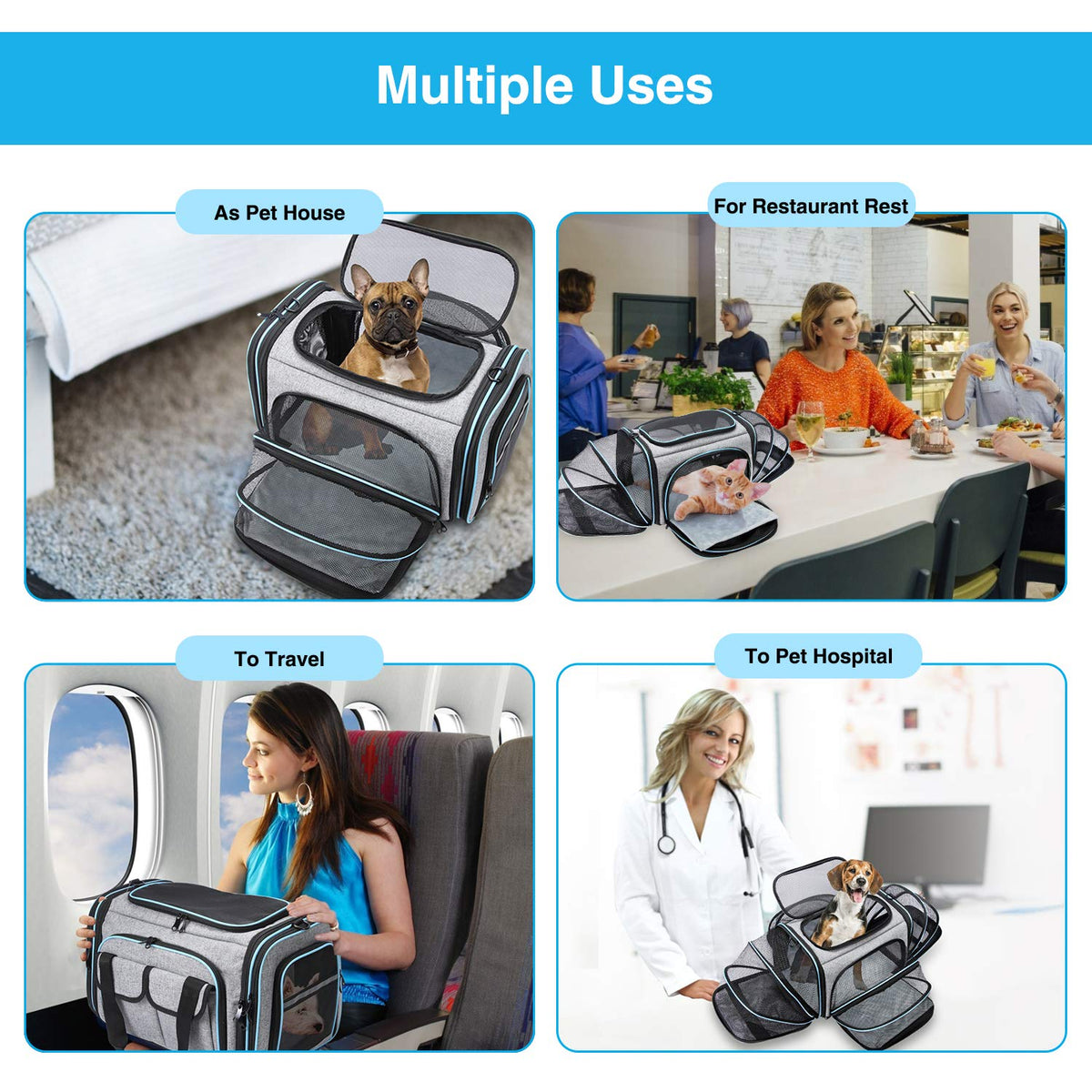 Airline Approved Pet Carrier, Large Soft Sided Pet Travel TSA Carrier 4 Sides Expandable Cat Collapsible Carriers with Removable Fleece Pad and Pockets for Cats Dogs and Small Animals