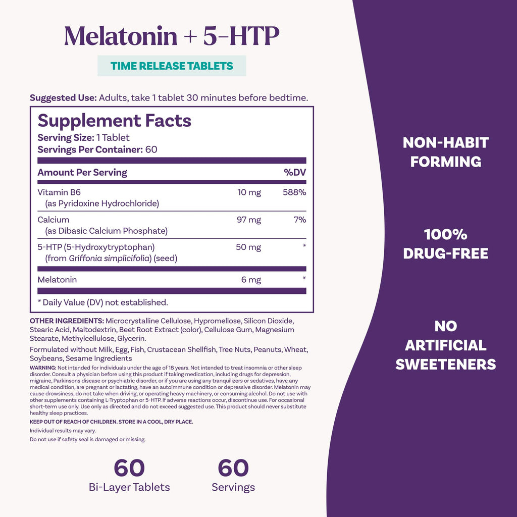 Natrol Melatonin + 5-HTP Time Release Sleep Aid, 60 Bi-Layer Tablets | Triple Action Formula, Calm the Mind, Fall Asleep Faster and Stay Asleep Longer, 100% Drug-Free, 60 Day Supply