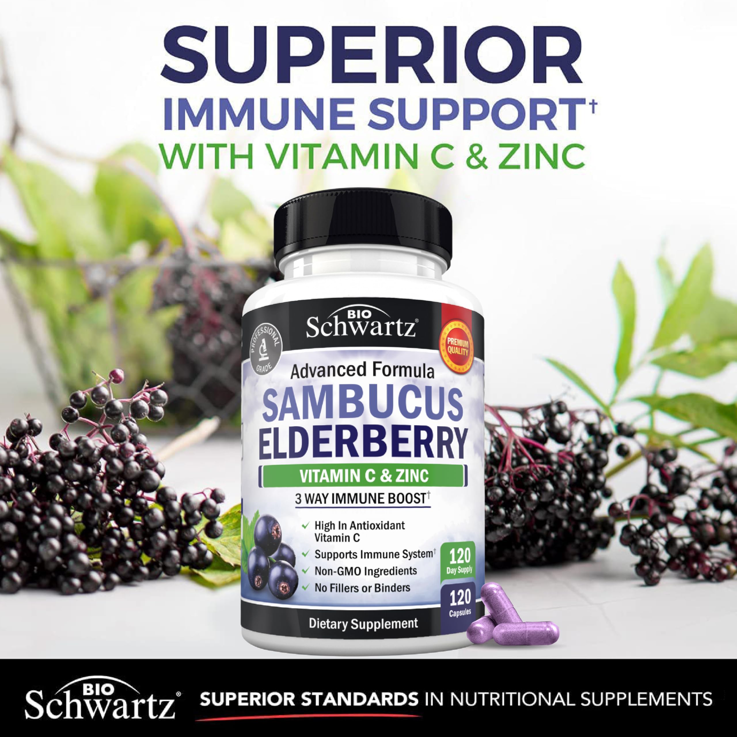 Elderberry Capsules with Zinc and Vitamin C for Adults, 120 Count | Immune Support Supplement for Women and Men, Black Sambucus Elderberry with Vitamin C and Zinc, Immune Defense Multiminerals