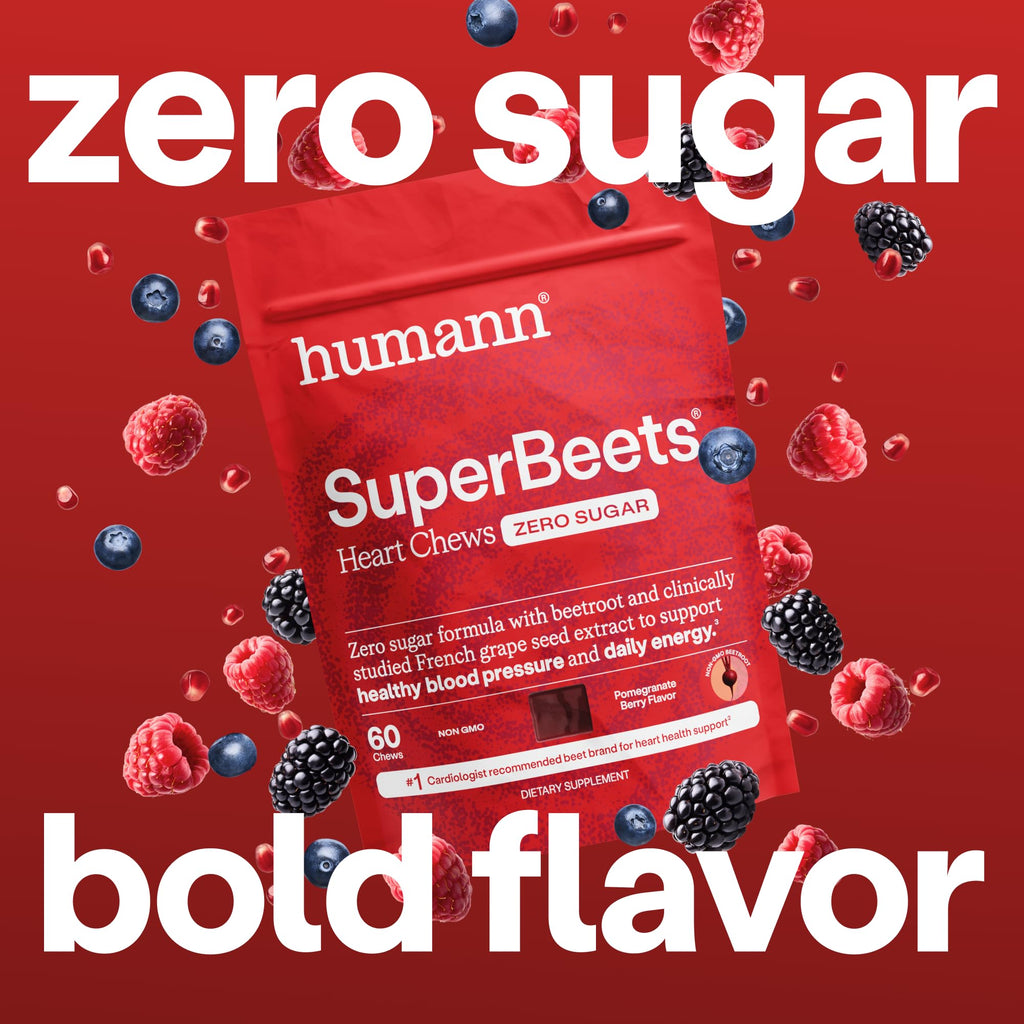 HumanN SuperBeets Heart Chews Zero Sugar, Pomegranate Berry Flavor, 180 Ct | Blood Pressure Support, Nitric Oxide Support, Heart Health & Energy, Non-GMO Beet Root Powder, Grape Seed Extract, Once Daily