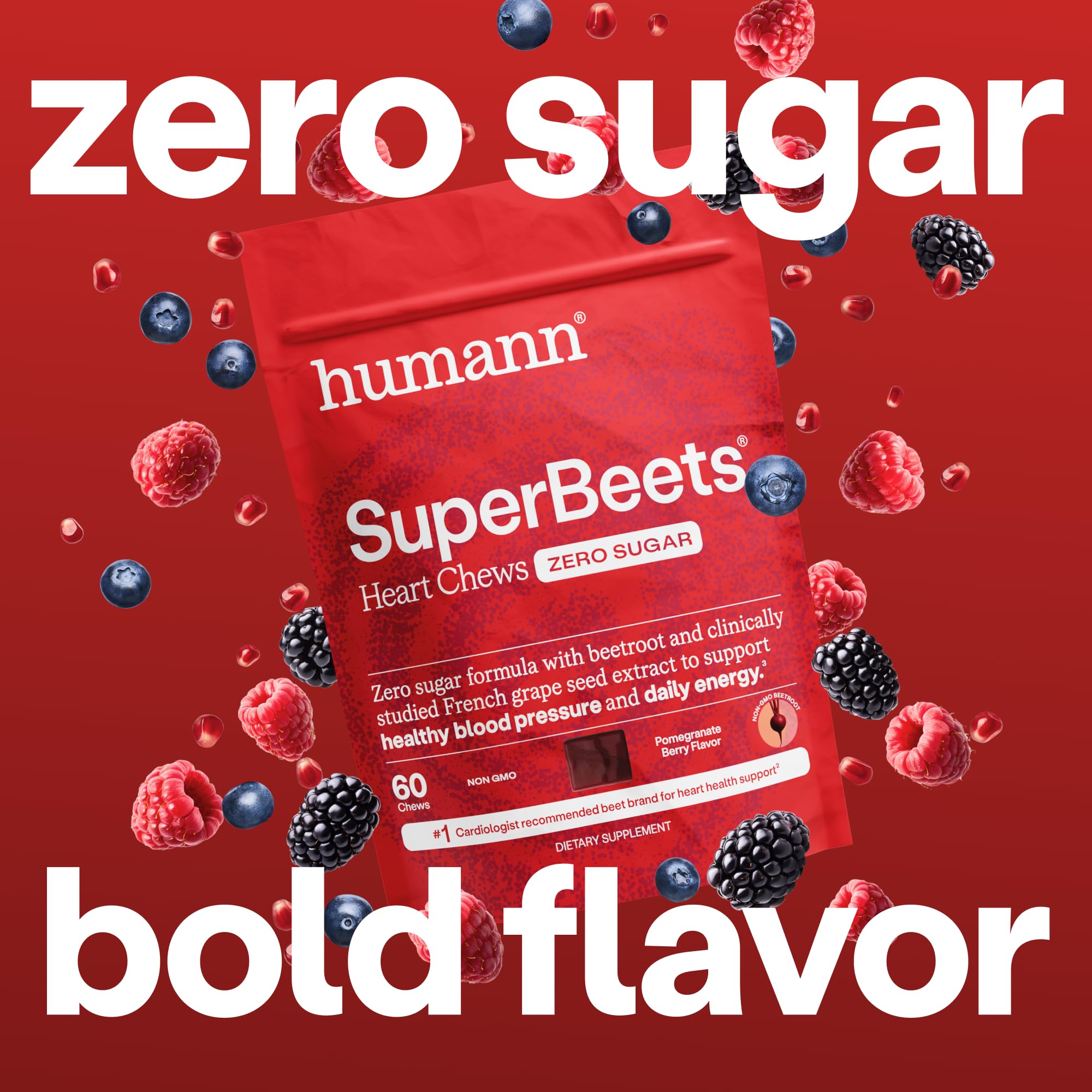 HumanN SuperBeets Heart Chews Zero Sugar, Pomegranate Berry Flavor, 180 Ct | Blood Pressure Support, Nitric Oxide Support, Heart Health & Energy, Non-GMO Beet Root Powder, Grape Seed Extract, Once Daily