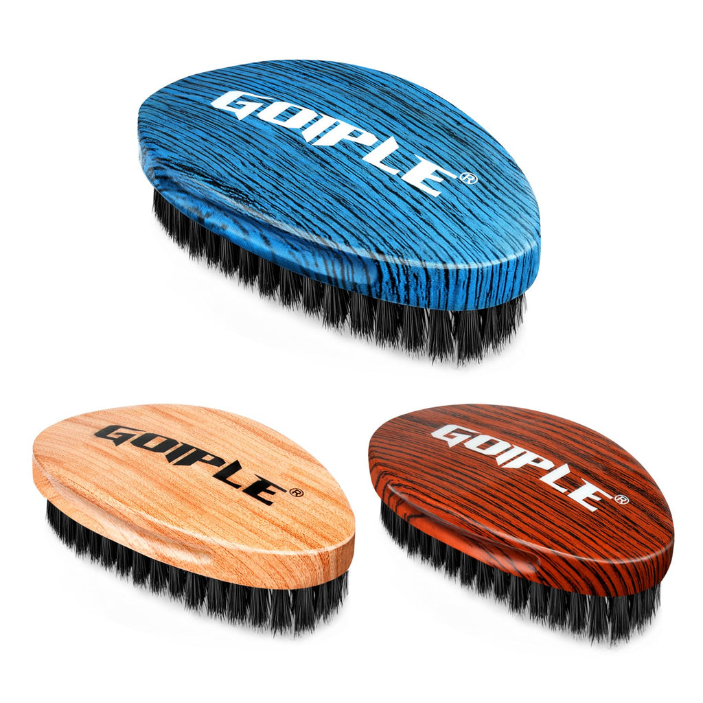 360 Curved Wave Brush For Men & Beard - Medium Hard Palm Wave Hair Brushes Wave Styler Great for Wolfing - Made with Beech Mix Boar & Nylon Bristle Brush for Barbers & Daily Use Black Hair (Blue)