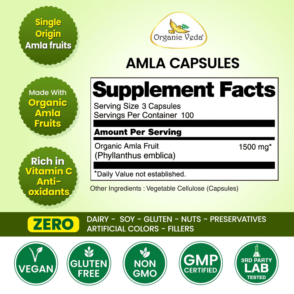 Organic Veda Amla Capsules - 1500mg, 300 Capsules - Natural Vitamin C Supplement with Antioxidants, Polyphenol for Immunity, Skin Glow & Hair Growth - Single Origin Premium Organic Amla Fruit Powder