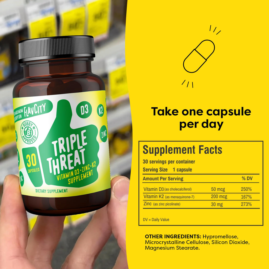 FlavCity Vitamin D3, K2 & Zinc - Triple Threat Supplement - Daily or Seasonal Immune Support - Vitamin D with K2 for Enhanced Absorption - Promote Healthy Bones & Skin (30 Capsules)