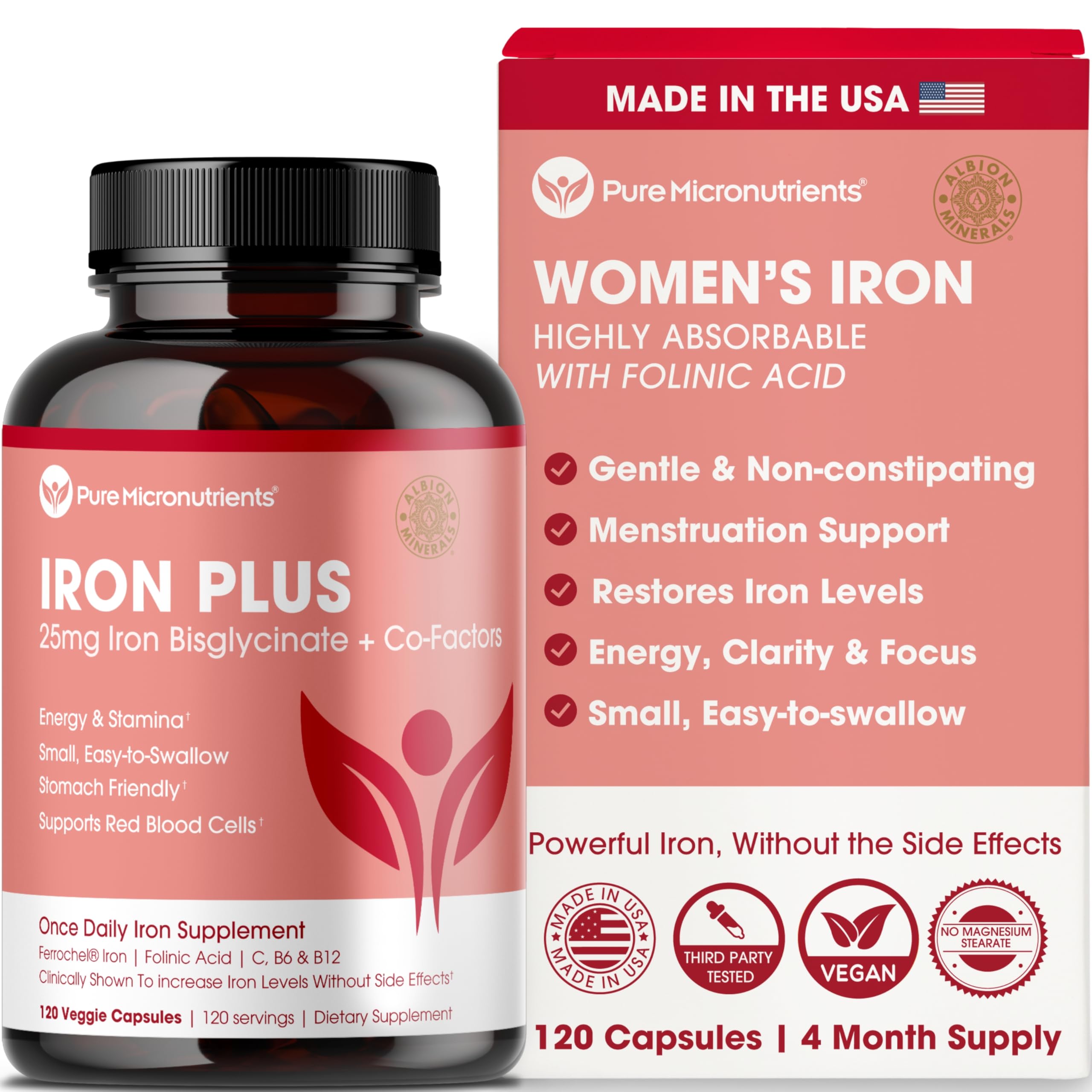 Iron Supplement for Women, Gentle Iron Bisglycinate 25mg, 120 Count | With vitamin C, B6, B12 & folic acid; supports iron deficiency, menstrual health & energy; gentle on the stomach