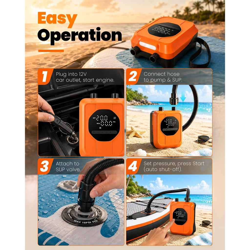 12V Car-Powered Paddle Board Pump, Electric SUP Pump with Auto-Off, Dual-Stage Fast Inflation to 20 PSI, Inflate/Deflate Air Pump with 7 Nozzles for Paddle Boards, Kayaks & Inflatables