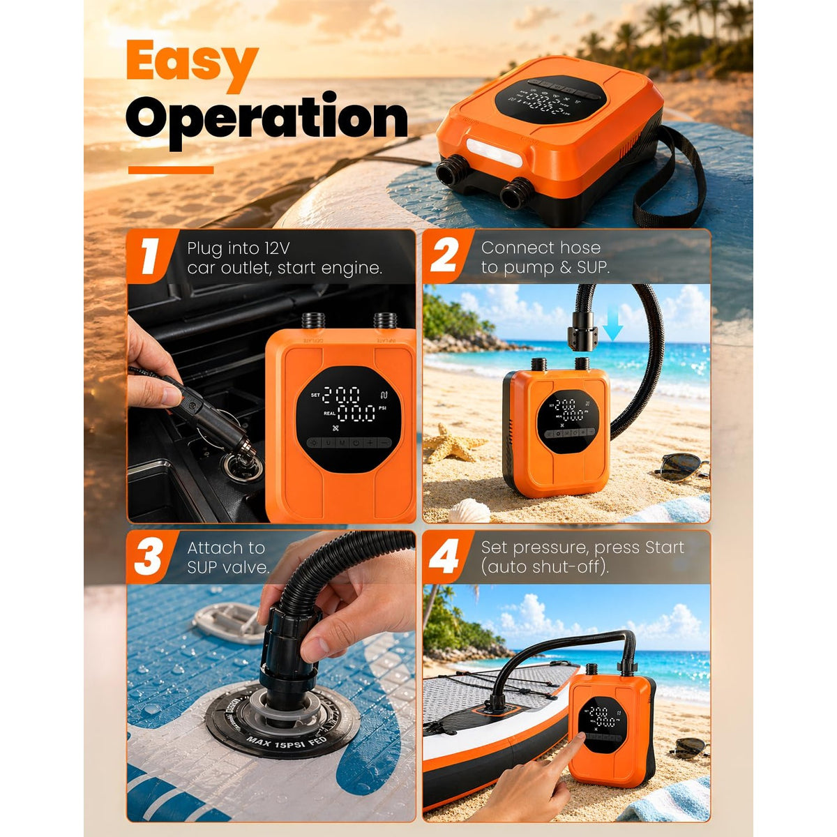 12V Car-Powered Paddle Board Pump, Electric SUP Pump with Auto-Off, Dual-Stage Fast Inflation to 20 PSI, Inflate/Deflate Air Pump with 7 Nozzles for Paddle Boards, Kayaks & Inflatables