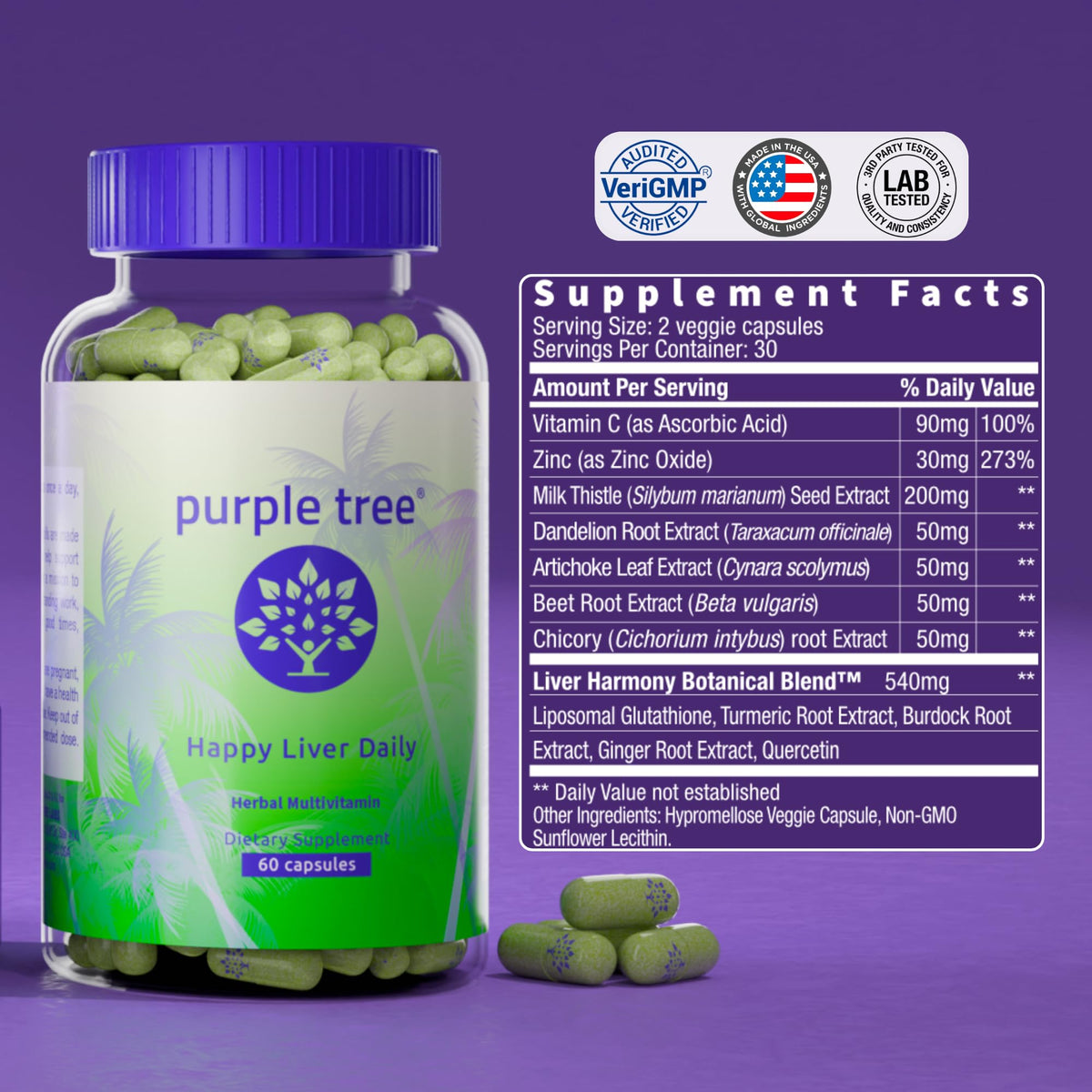 purple tree Happy Liver Daily | Milk Thistle + Glutathione Liver Supplement | 60 Caps