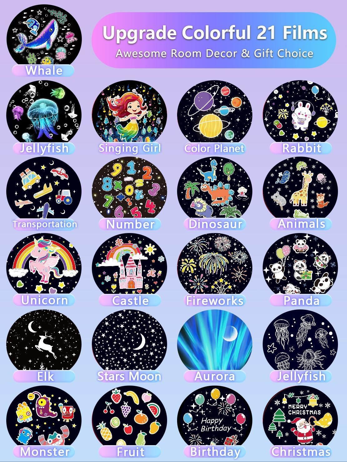 21 Sets of Films, Projector Night Light for Kids Bedroom, Ceiling, Baby Night Light Projector, Star Galaxy Projector for 1-14 Years Old Baby Girls with 360° Rotation for Christmas, Nursery, Room Decor